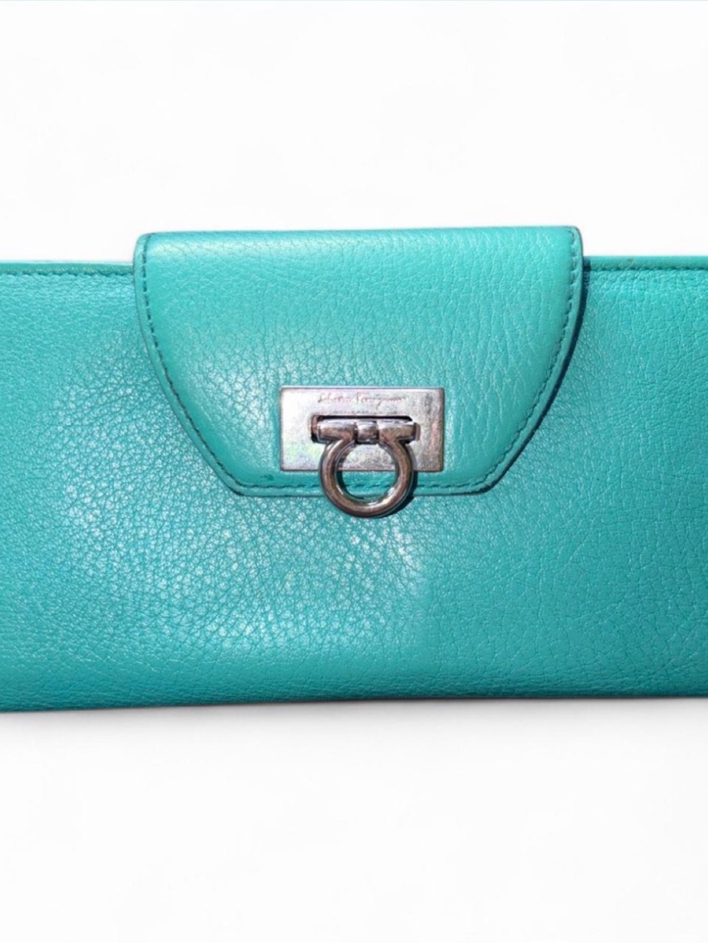 Salvatore Ferragamo Turquoise Leather Clutch with Gancini Detail